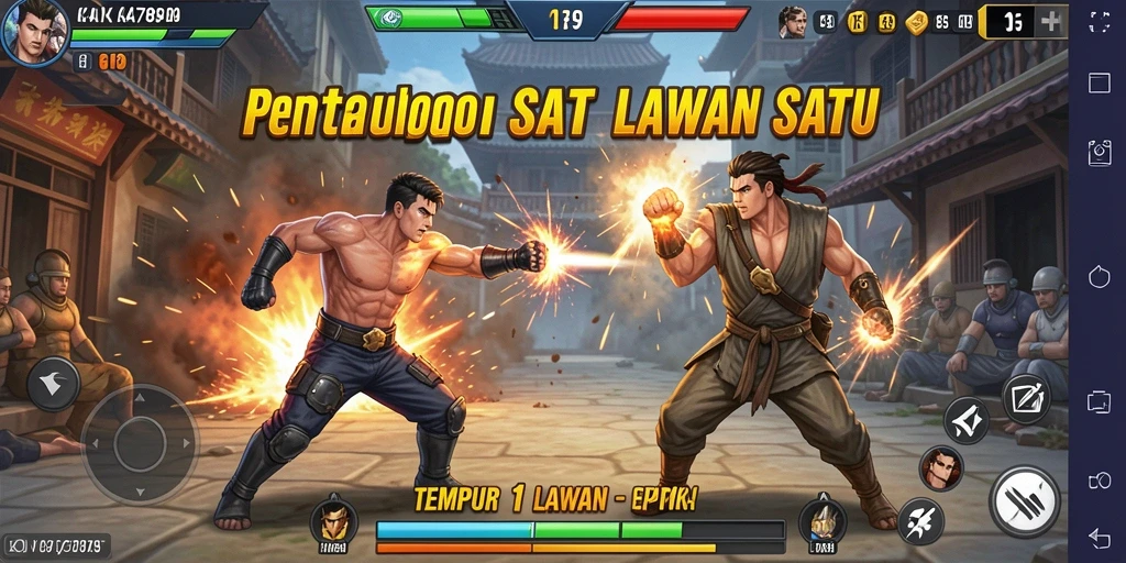 Tampilan antarmuka KA789 yang menampilkan aksi Tempur 1 Lawan 1.