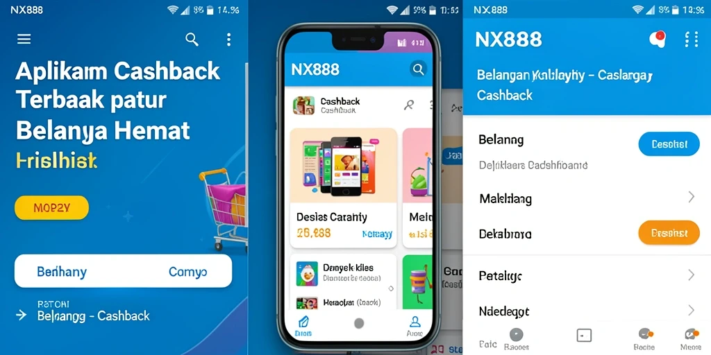 Antarmuka aplikasi NX888 dengan fitur cashback yang menarik.